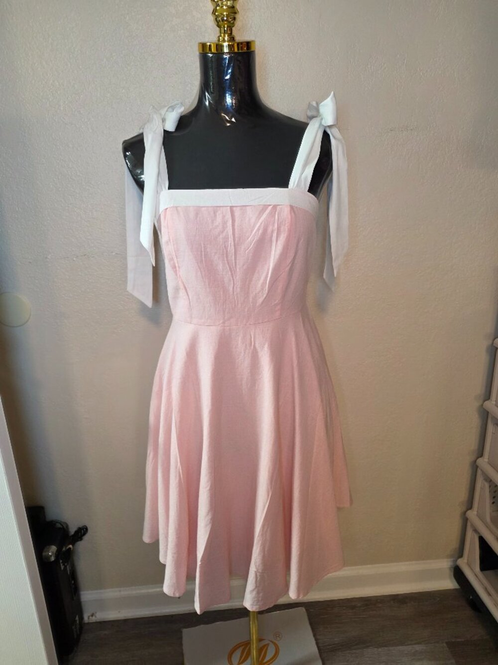 Pink Midi Dress White Bow Shoulder Detail